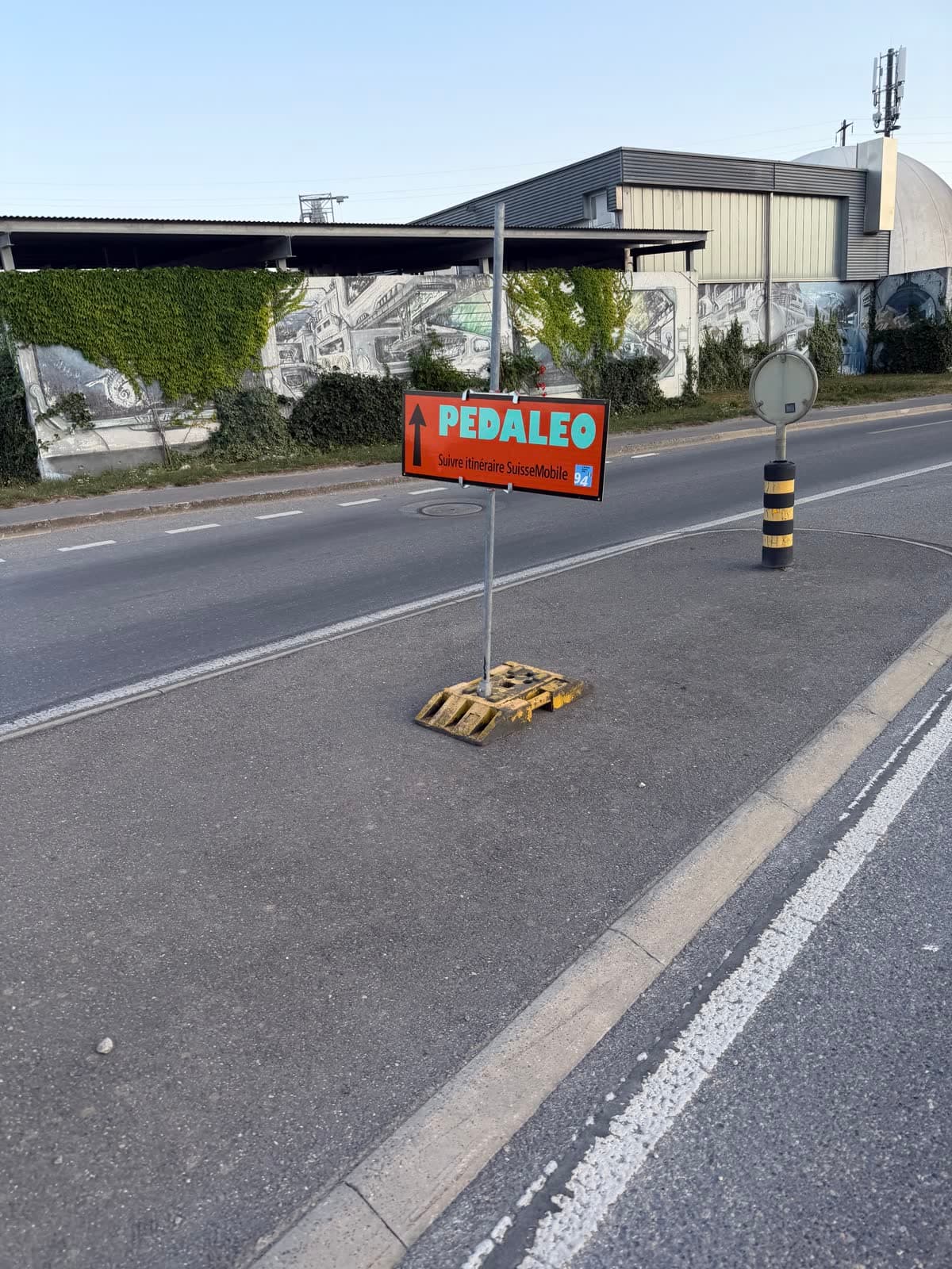 Orangefarbenes Pedaleo-Wegweiserschild an einer Strasse